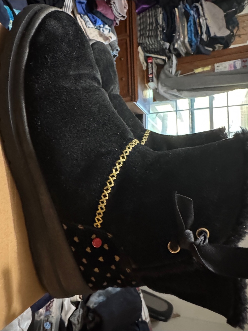 I ❤️UGG Black Suede Short Boot with Gold Heart Accents